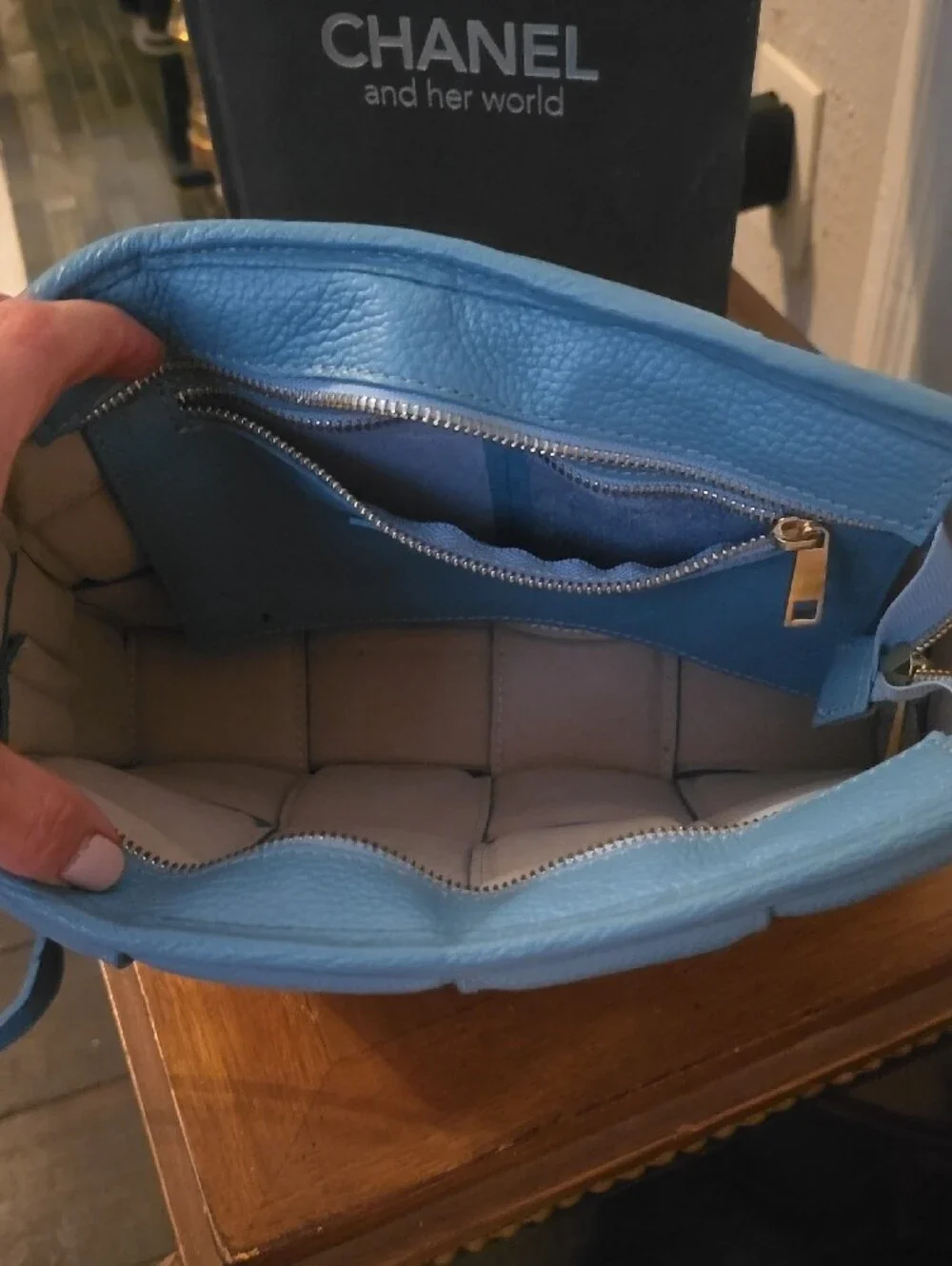 Quilted Light Blue Leather Crossbody with Gold Chain Accent